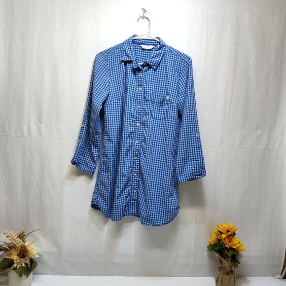 Victorias Secret Blue Gingham Med Button-Up Shirt Dress Long Sleeve Roll Up Tabs - Picture 1 of 10